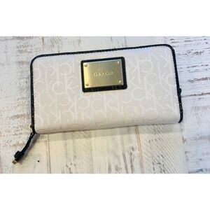 Calvin Klein Zip Around Wallet Monogram Logo Cream Black Glitter Trim